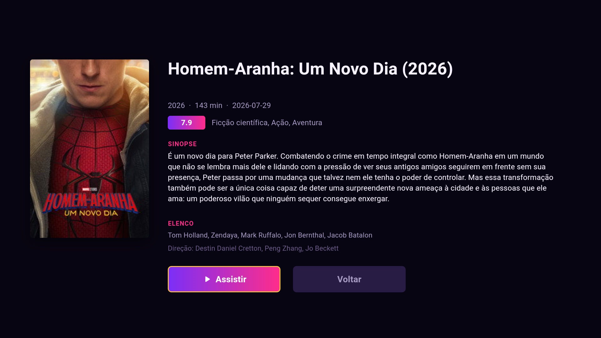 Ficha de um filme com cartaz, sinopse, elenco, nota e botão assistir.
